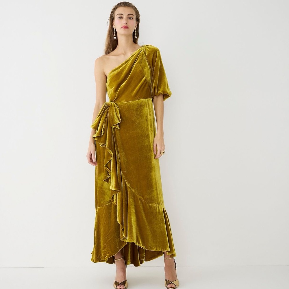 NWT J. Crew chartreuse one-shoulder velvet blend dress size 6